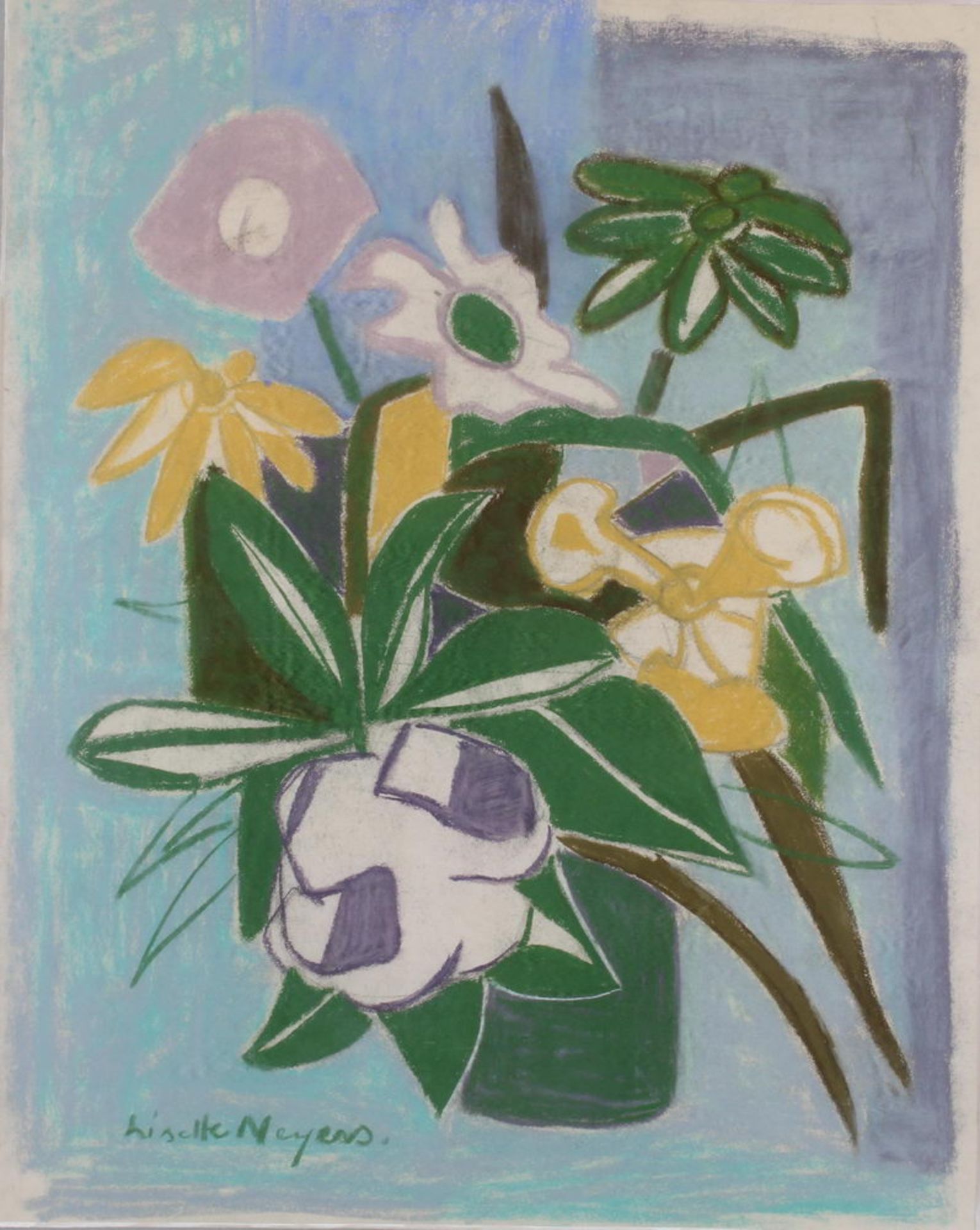 Neyers, Lisette (1919 Düsseldorf - 1970), "Bunte Sommerblumen in Vase", Pastell auf Papier, signie