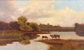 Hooper, John Horace (1851 - 1906), womöglich, "Sommerliche Seenlandschaft mit weidenden Kühen", Öl