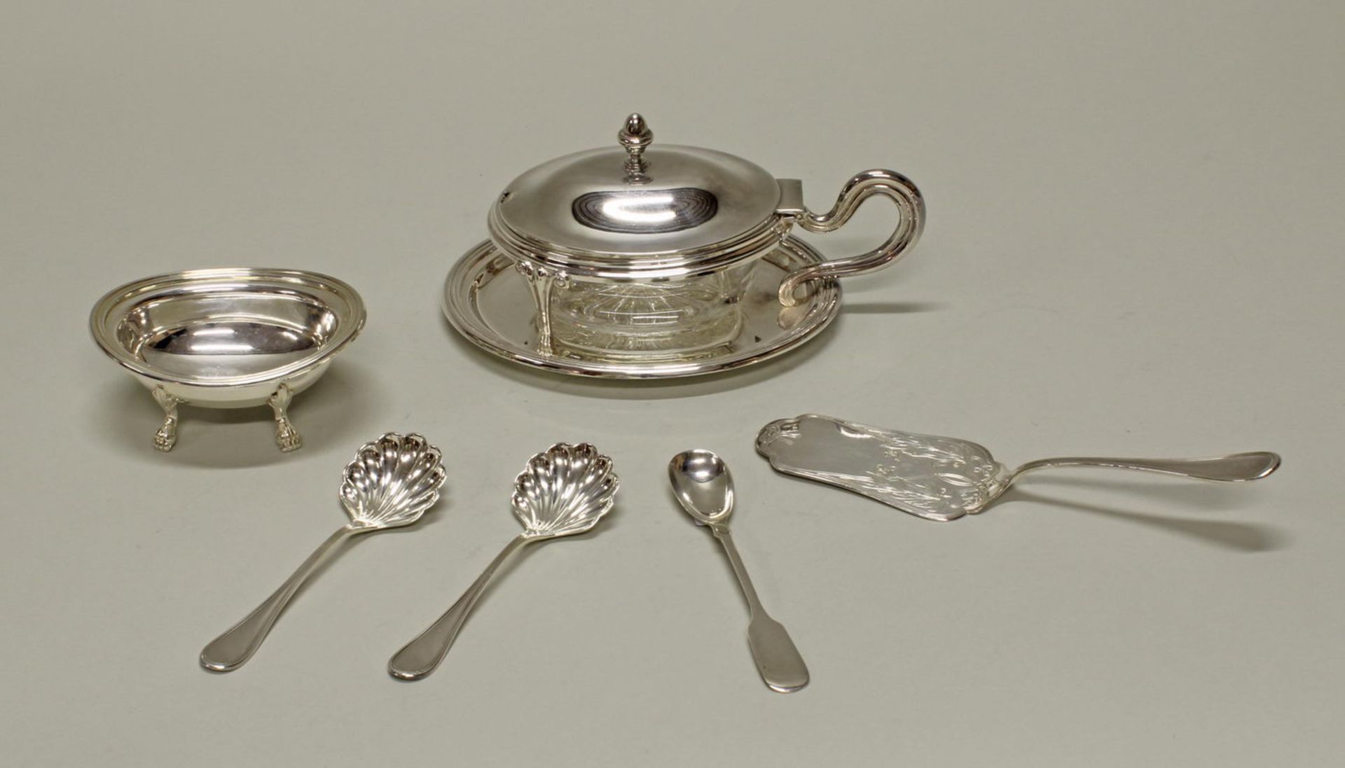 Schälchen, Deckelschale, 2 Löffel, Heber, Silber 800, Italien, verschieden, 1x mit Glaseinsatz, z