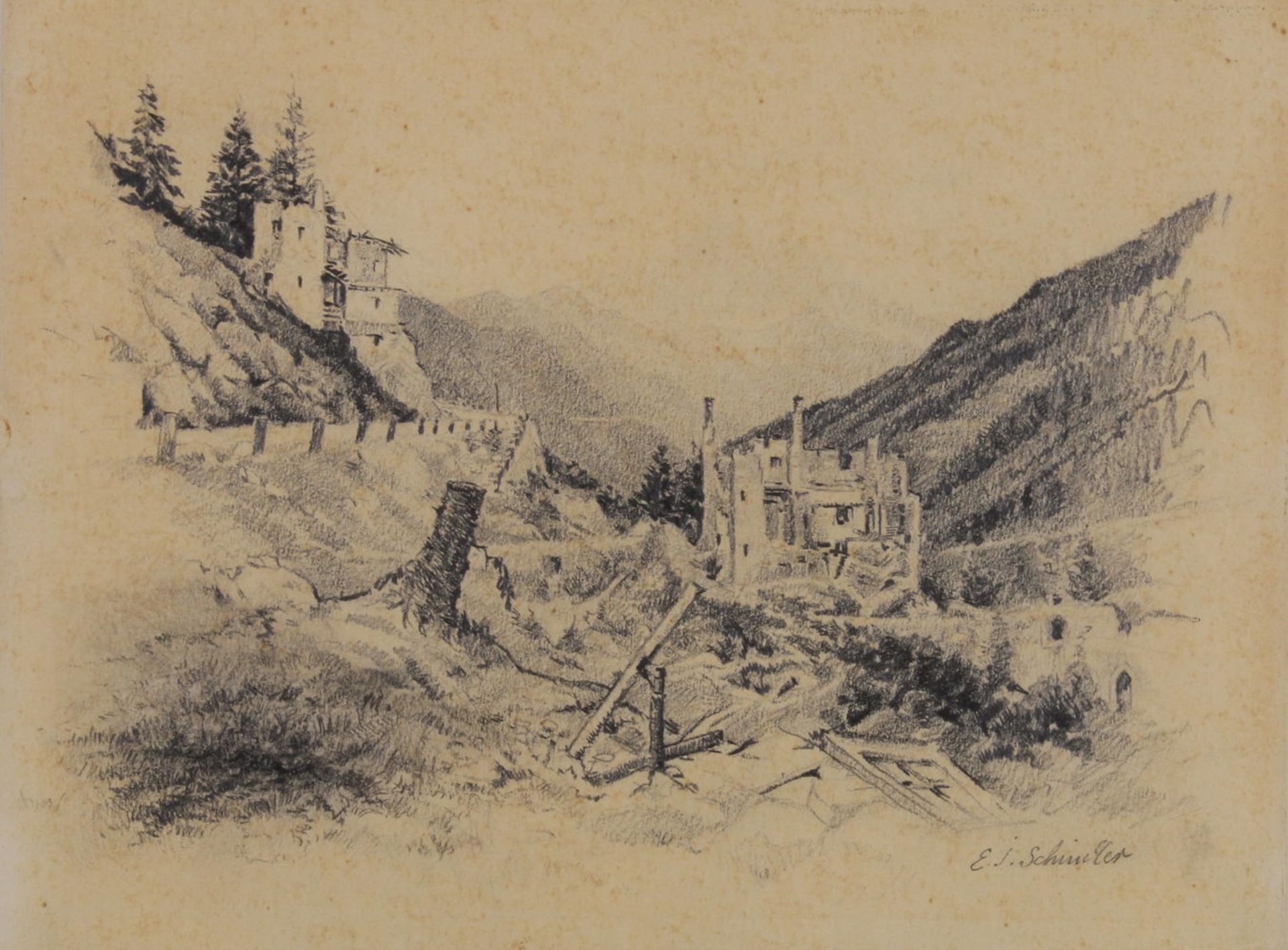 Schindler, Emil Jakob (1842 - 1892, Wiener Maler), "Blick auf eine Burg (Österreich)", Bleistift a