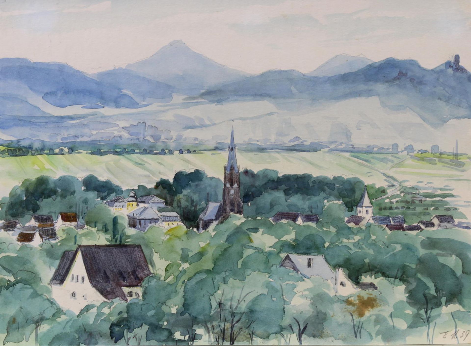 8 Papierarbeiten, Motive aus der Region: "Muffendorf mit Blick Richtung Siebengebirge", Aquarell au - Bild 3 aus 8