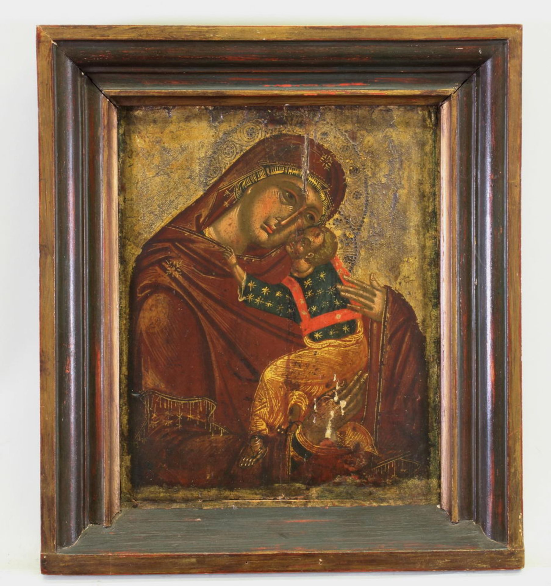 Ikone, Tempera auf Holz, "Gottesmutter Glikophilousa", veneto-kretisch, um 1600, Metallbasma, 28.5 - Image 2 of 3
