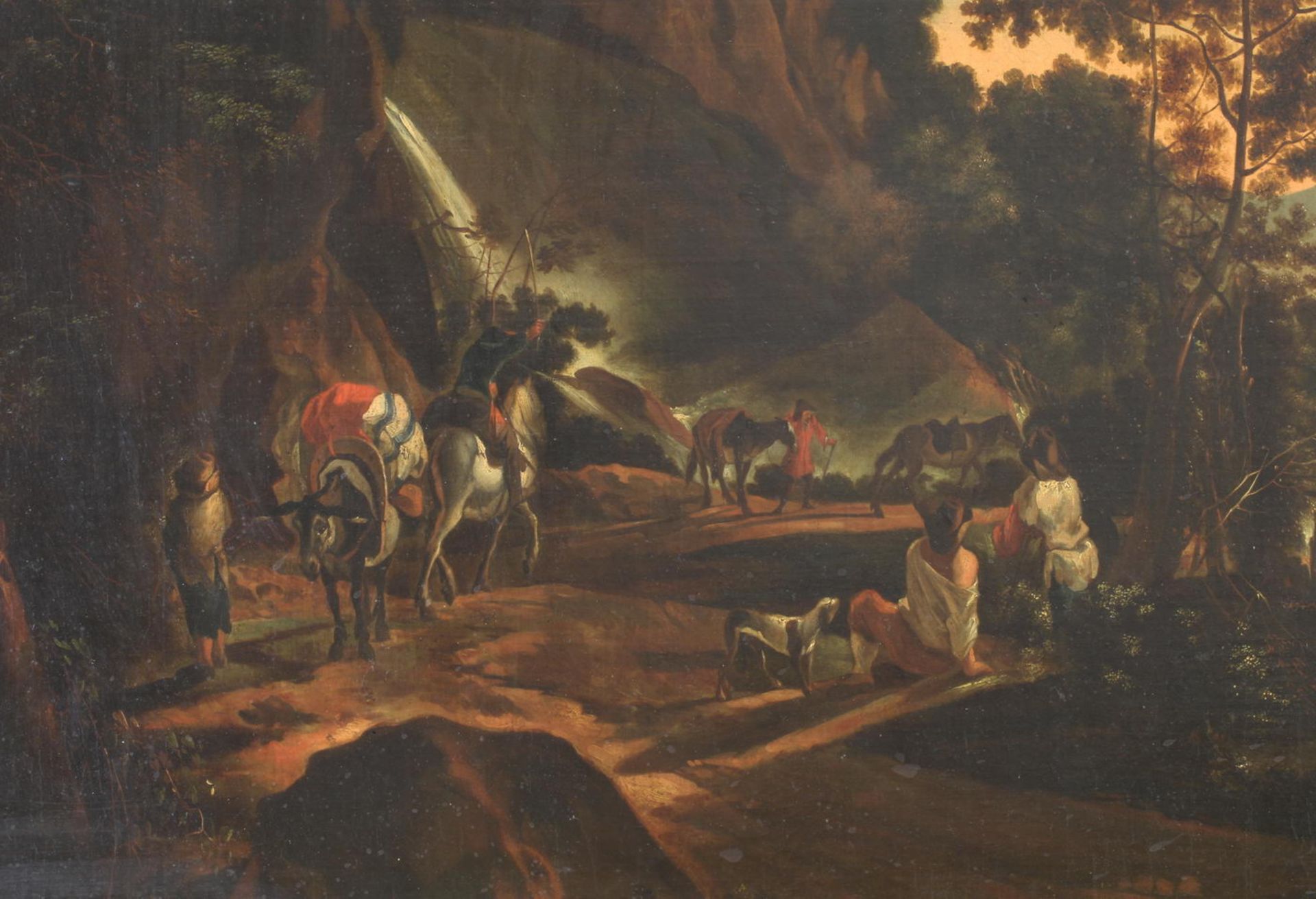 Niederländischer Landschaftsmaler (17. Jh.), "Südliche Landschaft mit Reisenden", Öl auf Leinwan - Image 4 of 6