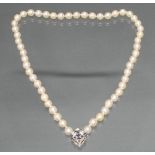 Perlenkette, 53 Akoya-Zuchtperlen ø ca. 7.5 mm, Schließe WG 750, 7 facettierte Saphire, 46 cm lan