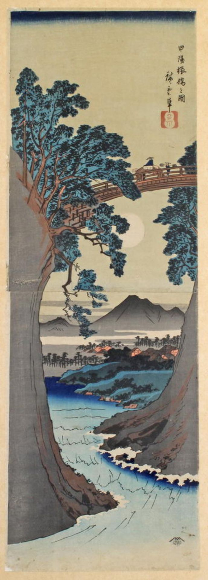 Farbholzschnitt, "Die Affenbrücke in der Provinz Kai", Japan, um 1912, Nachschnitt nach Utagawa Hi