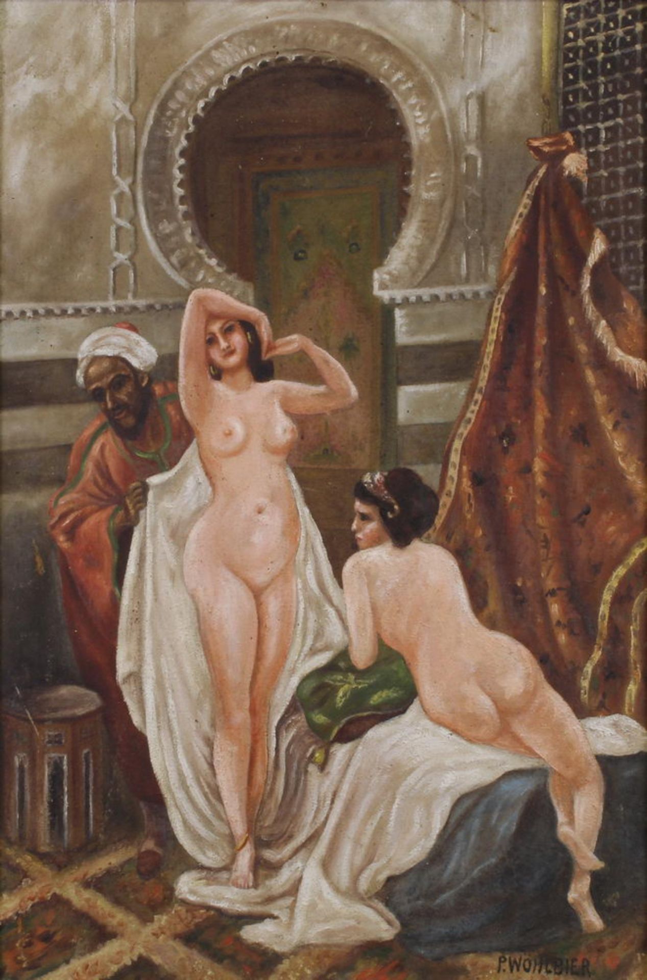 Wöhlbier, P. (19./20. Jh.), "Im Harem", Öl auf Leinwand, signiert unten rechts P. Wöhlbier, 53.5