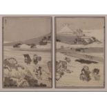 2 Buchseiten, "Fuji mit Hütte", Japan, 19. Jh., schwarzweiß, Katsushika Hokusai (1760-1849) zuges