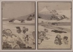 2 Buchseiten, "Fuji mit Hütte", Japan, 19. Jh., schwarzweiß, Katsushika Hokusai (1760-1849) zuges