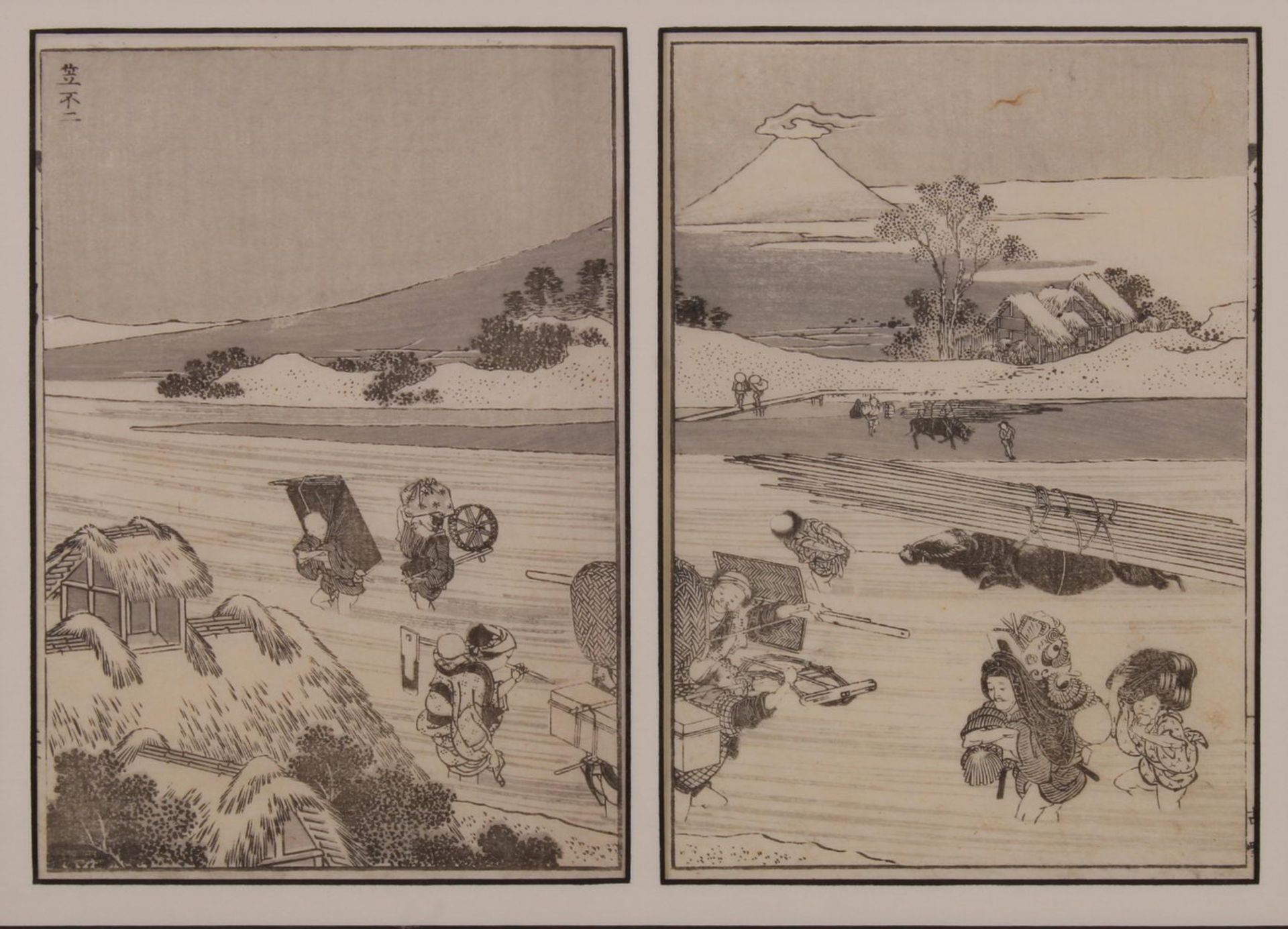 2 Buchseiten, "Fuji mit Hütte", Japan, 19. Jh., schwarzweiß, Katsushika Hokusai (1760-1849) zuges