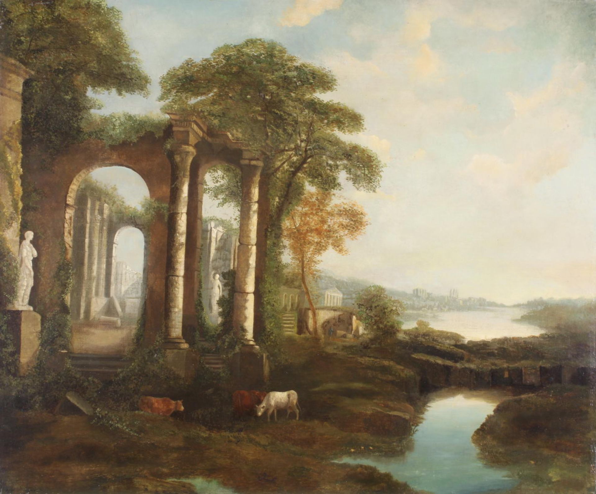 Lorrain, Claude (1600 Champagne - 1682 Rom), in der Art, "Weite arkadische Ruinenlandschaft", Öl a