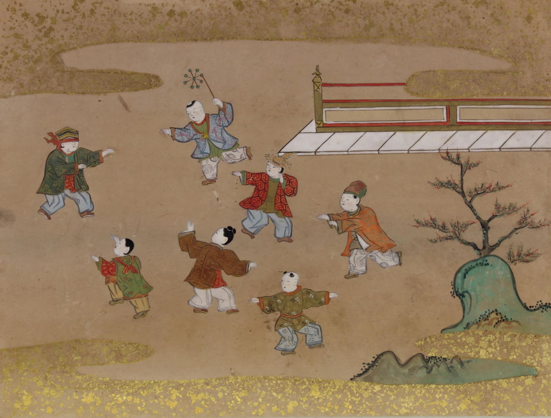 12 Malereien, "Figuren in Landschaft oder Palastanlage", Japan, spätes 19. Jh., Farbe und Gold auf - Bild 4 aus 12