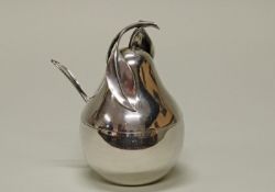Marmeladendose "Birne" mit Löffel, Silber 925, deutsch, Glaseinsatz, 14 cm hoch, zus. ca. 280 g (o