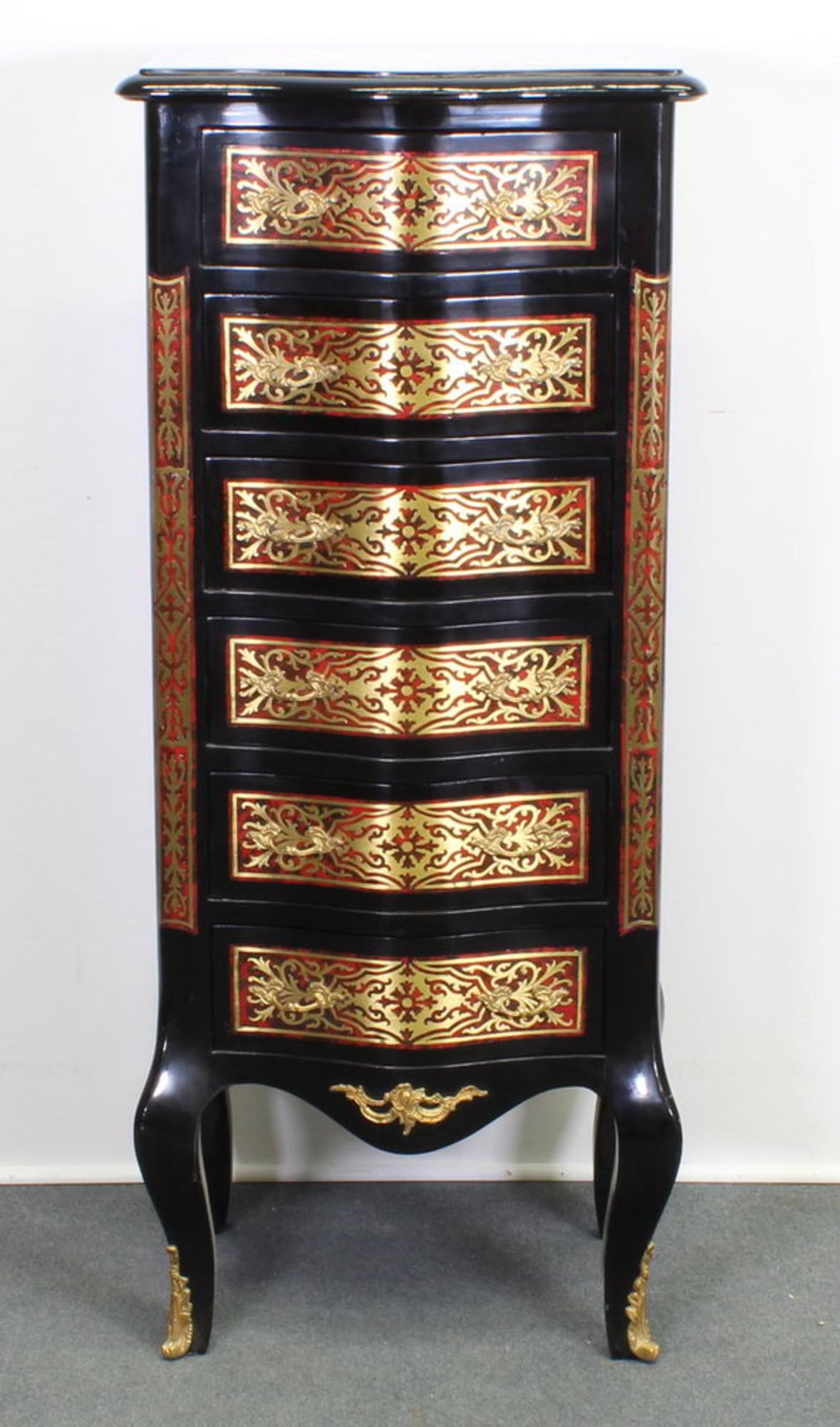 Chiffonière, französischer Boulle-Stil, neuzeitlich, Bronzeappliken, sechs Schübe, 110 x 48 x 35