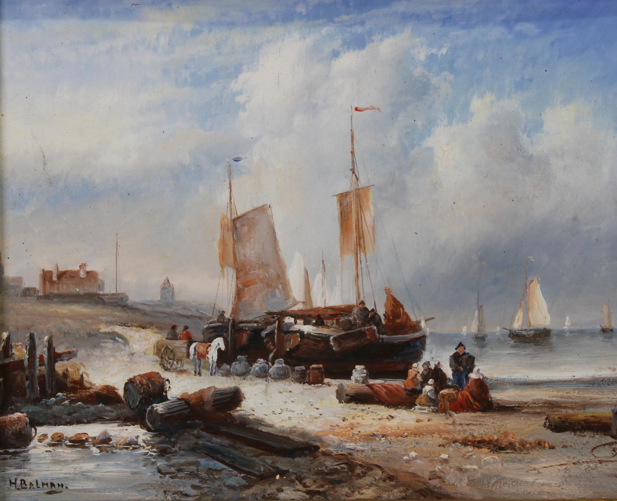 Balman, Hendricus (geb. 1940), "Boote an der Küste", Öl auf Sperrholz, signiert links unten H. Ba