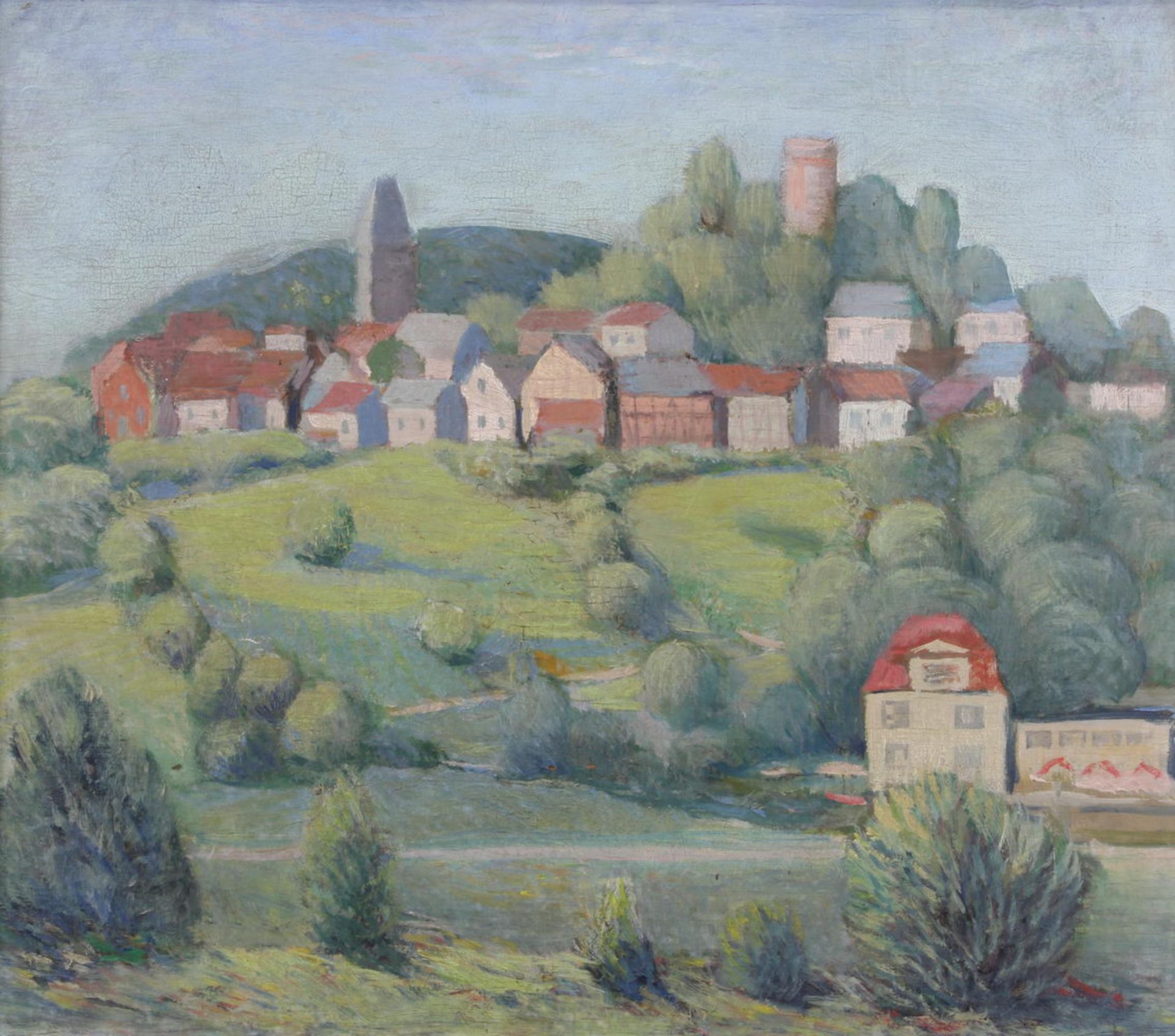 Garvé, Theo (1902-1987), zugeschrieben, "Blick auf Altweilnau am Taunus", Öl auf Holz, verso beze