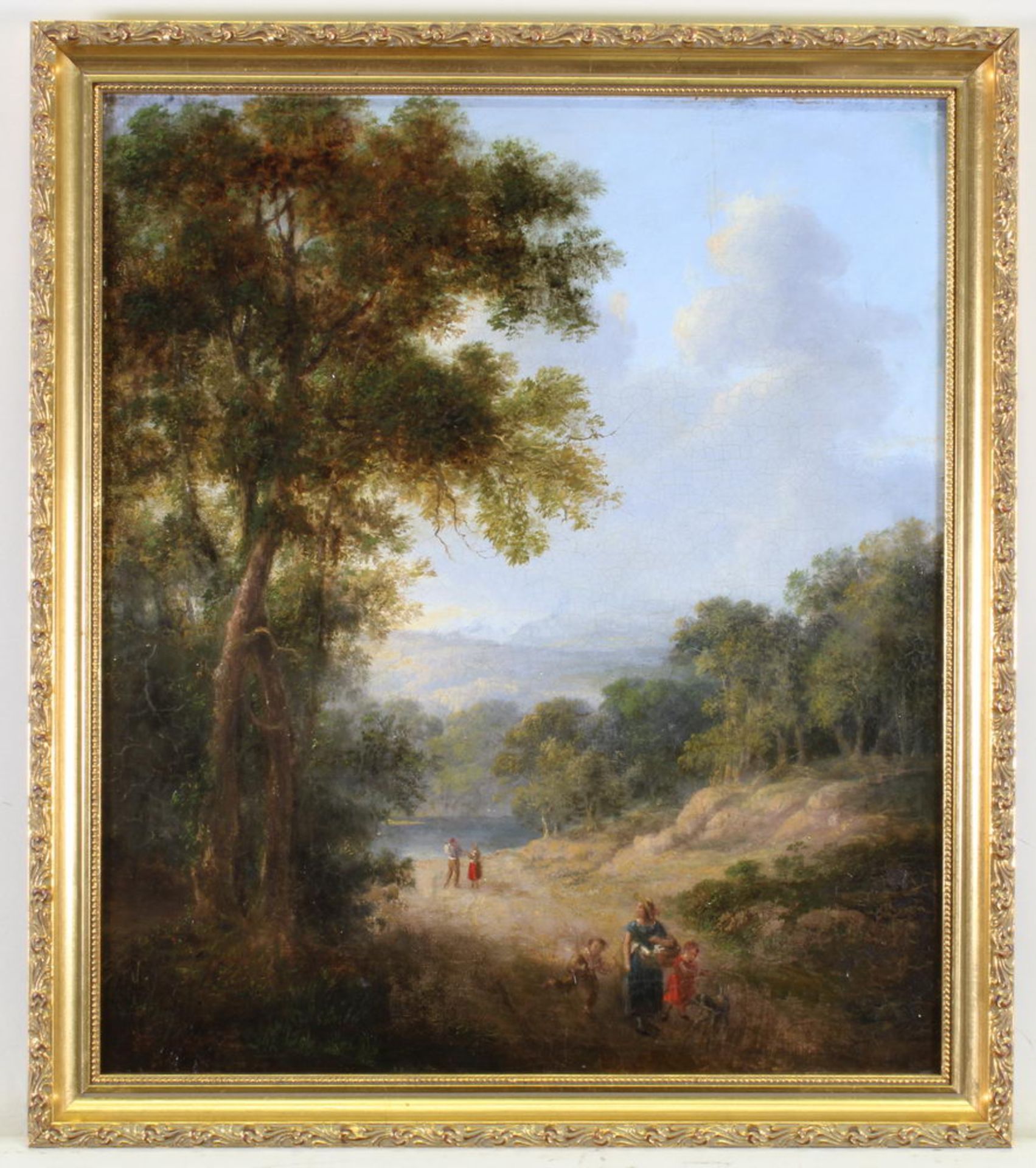 Landschaftsmaler (19. Jh.), "Personen in Seelandschaft", Öl auf Platte, 37 x 32 cm (R.A), Retusche - Image 2 of 2
