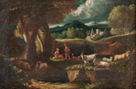 Landschaftsmaler (18. Jh.), "Schäfer mit Vieh in weiter Landschaft", Öl auf Leinwand, 32 x 45 cm,