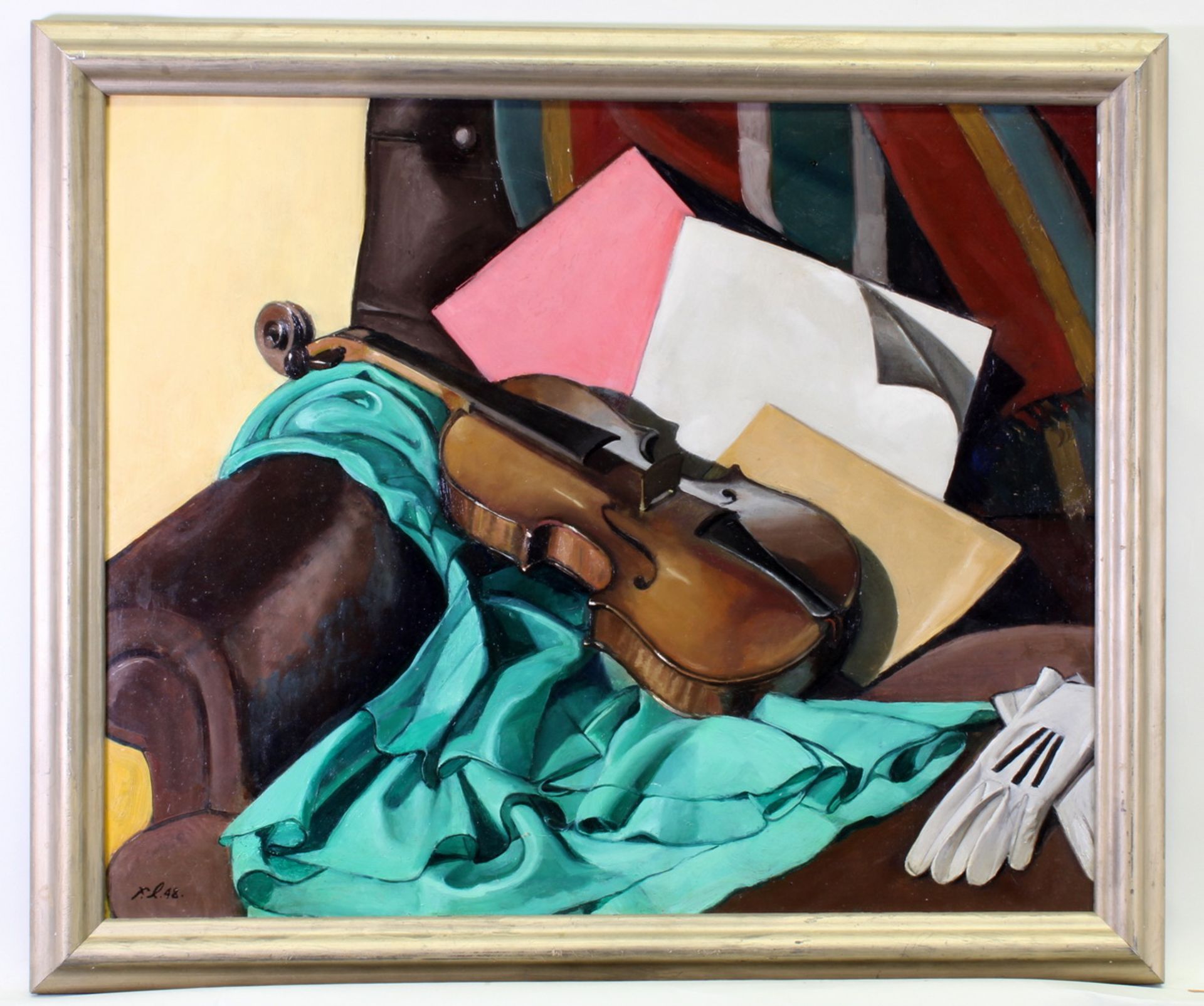 Russischer Maler (1. Hälfte 20. Jh.), wohl, "Stillleben mit Violine und Ballkleid", Öl auf Hartfa - Image 2 of 4
