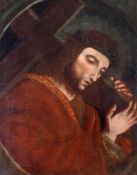 Sakralmaler (16./17. Jh.), "Christus, das Kreuz tragend", Öl auf Leinwand, doubliert, 64 x 50 cm,