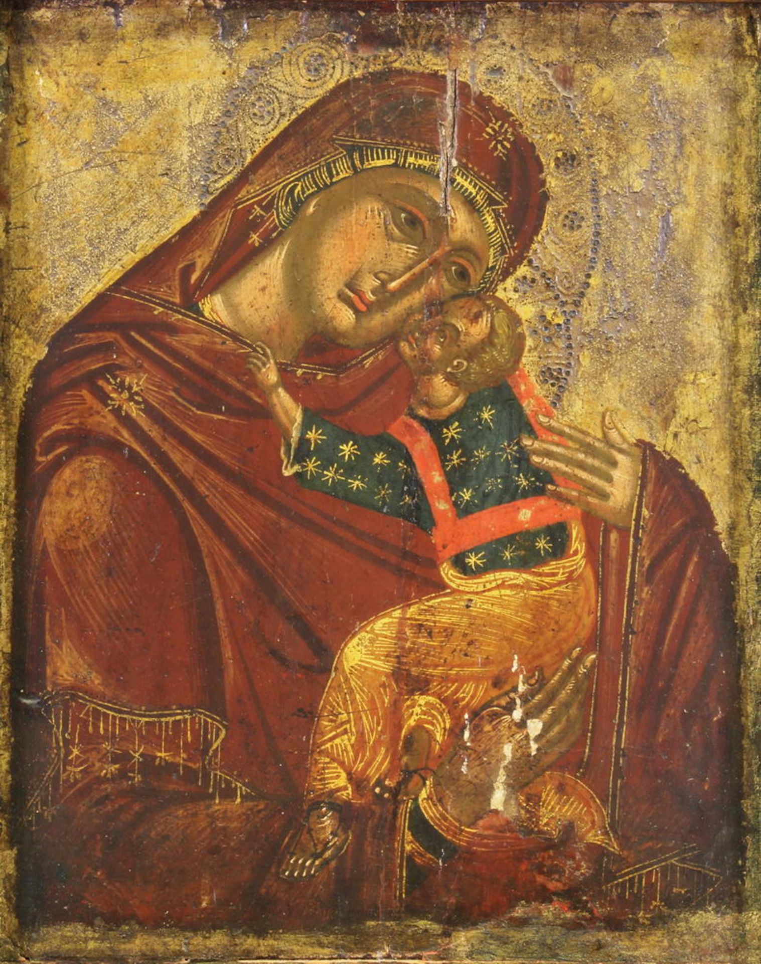 Ikone, Tempera auf Holz, "Gottesmutter Glikophilousa", veneto-kretisch, um 1600, Metallbasma, 28.5