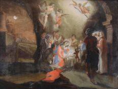 Italienischer Maler (wohl 18. Jh.), "Anbetung der Hirten", Hinterglasmalerei, ca. 44 x 58 cm, Farba