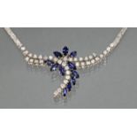 Collier, WG 585, 37 Brillanten zus. ca. 1.85 ct., 11 Saphire im Navetteschliff, 43 cm lang, 28 g