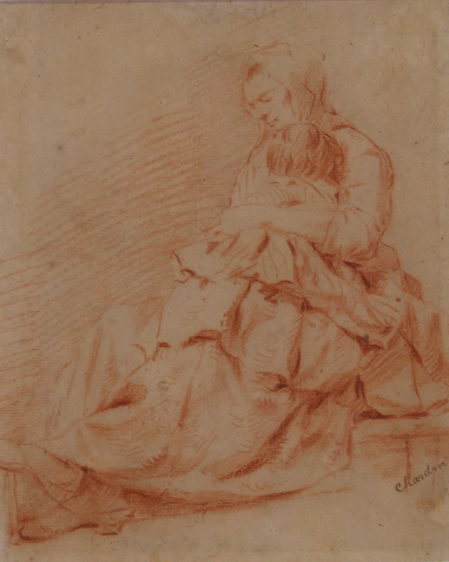 Chardin, Jean-Baptiste Simeon (1699-1779), alt zugeschrieben, "Sitzende Mutter mit Kind", Rötelzei