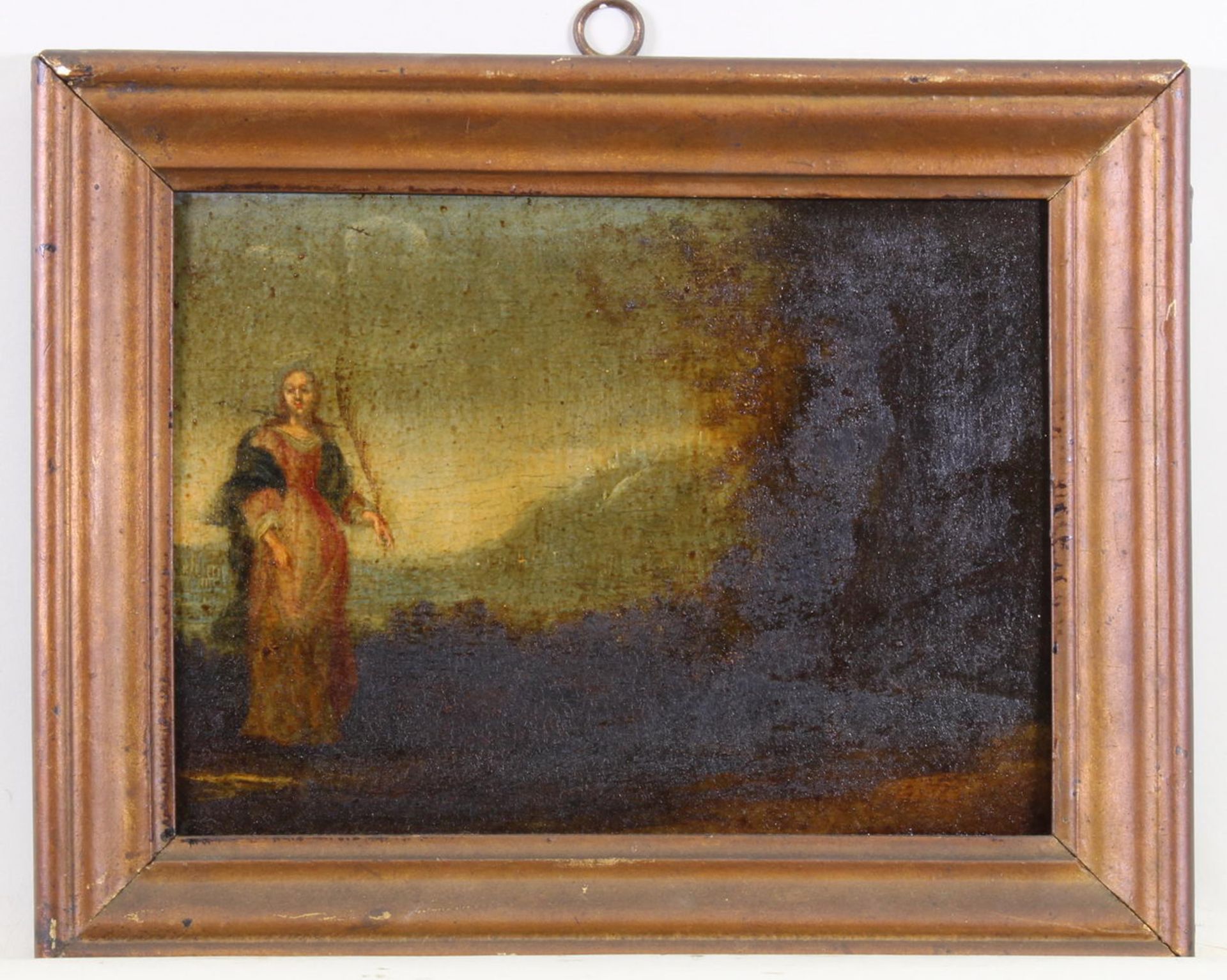 Sakralmaler (16./17. Jh.), "Heilige mit Palmzweig in Landschaft", Öl auf Holz, 19.5 x 25 cm, stark - Image 2 of 3