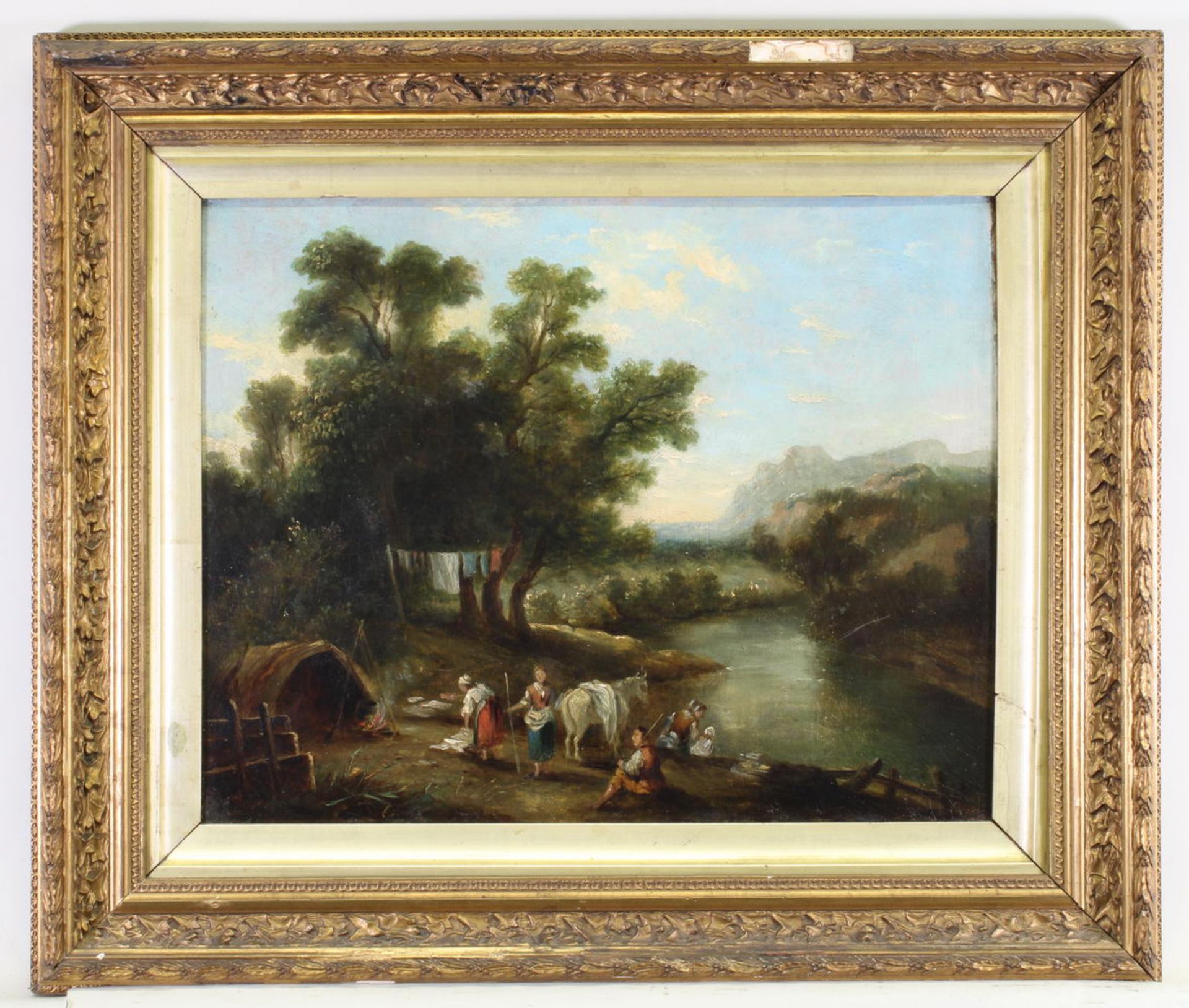 Landschaftsmaler (18./19. Jh.), "Lagernde Familie an Weiher", Öl auf Leinwand, doubliert, 39 x 49 - Image 2 of 3