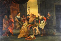 Flämischer Maler (17. Jh.), "Das Urteil des Salomon", Öl auf Holz, 72 x 106 cm, zwei horizontale