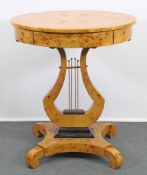 Beistelltisch,Biedermeier-Stil, neuzeitlich, ovale Form, Wurzelmaserholz, ein Schubfach, Lyrafuß,