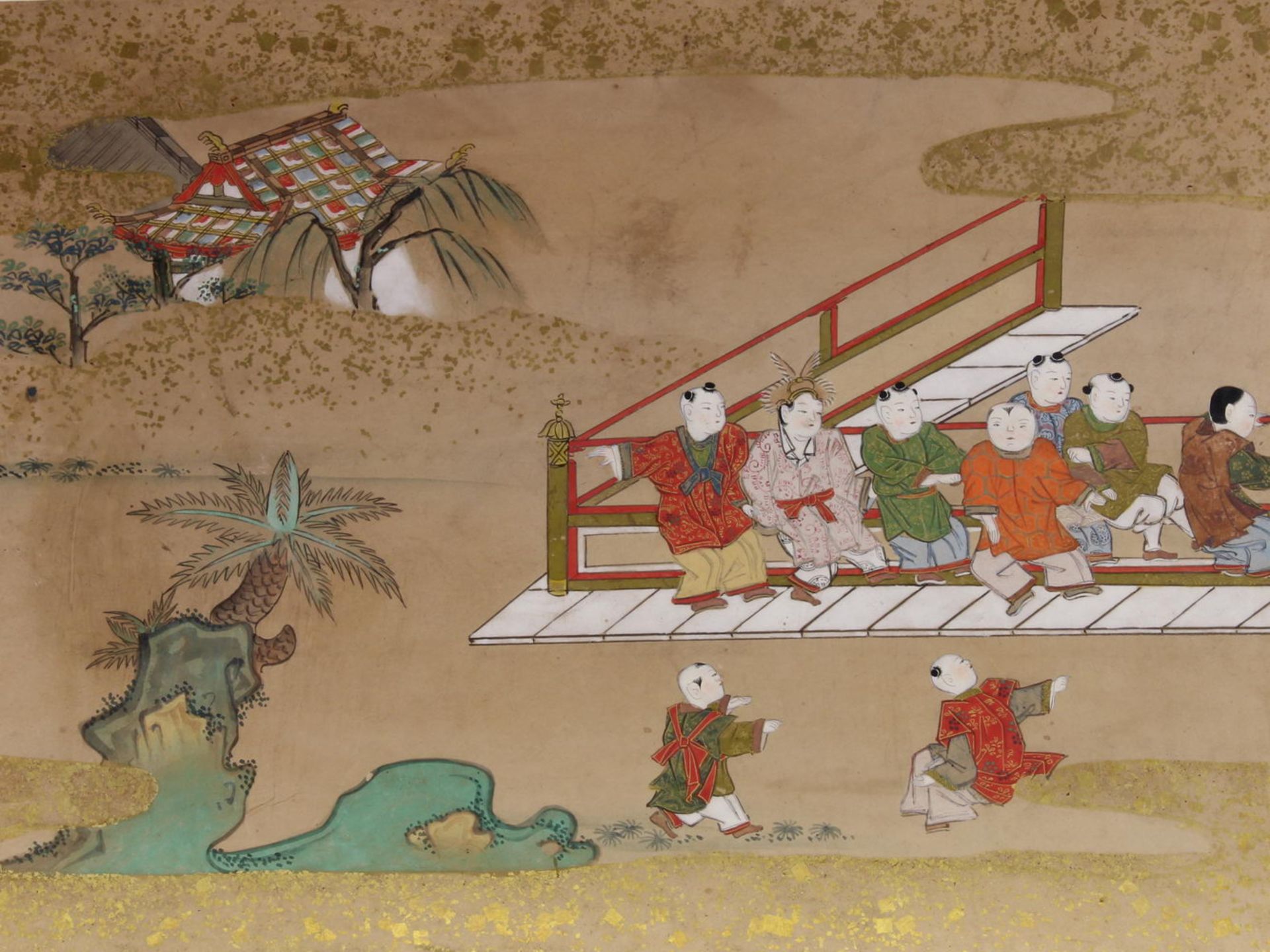 12 Malereien, "Figuren in Landschaft oder Palastanlage", Japan, spätes 19. Jh., Farbe und Gold auf - Bild 7 aus 12