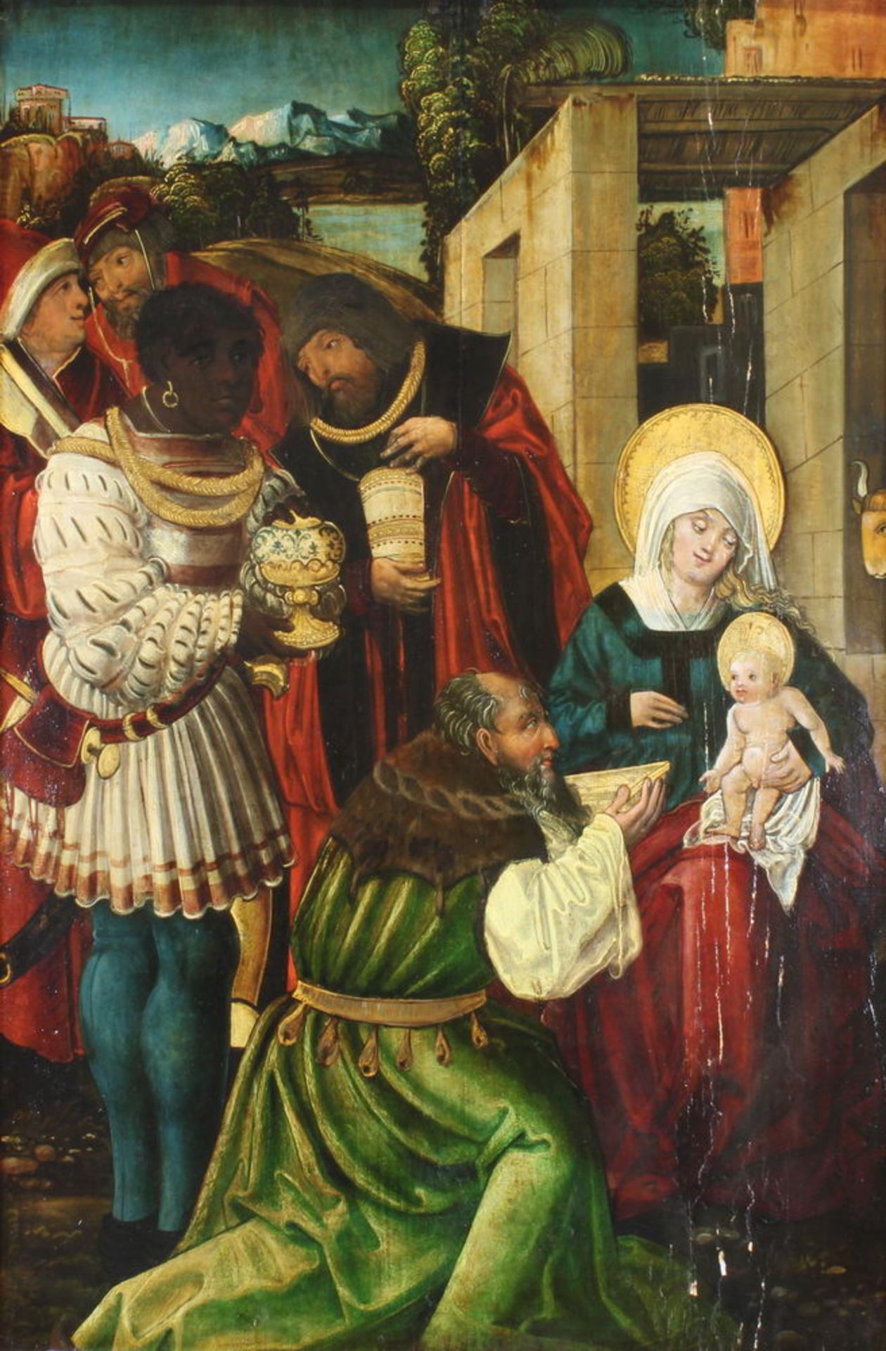 Süddeutscher Meister (um 1500), "Anbetung der Könige", Öl auf Holz, 78 x 53 cm, verso alt bezeic