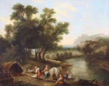 Landschaftsmaler (18./19. Jh.), "Lagernde Familie an Weiher", Öl auf Leinwand, doubliert, 39 x 49
