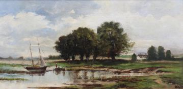 Undeutlich signiert (19./20. Jh.), "Sommerliche Flusslandschaft", Öl auf Holz, undeutlich signiert