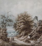 Unbekannter Zeichner (19. Jh.), "Wanderer in hügeliger Landschaft", Tusche und Aquarell, unten lin