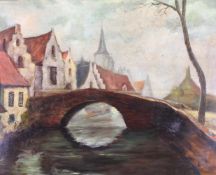 Belgischer Künstler (20. Jh.), "Brücke in belgischer (?) Stadt", Öl auf Holz, unleserlich signie