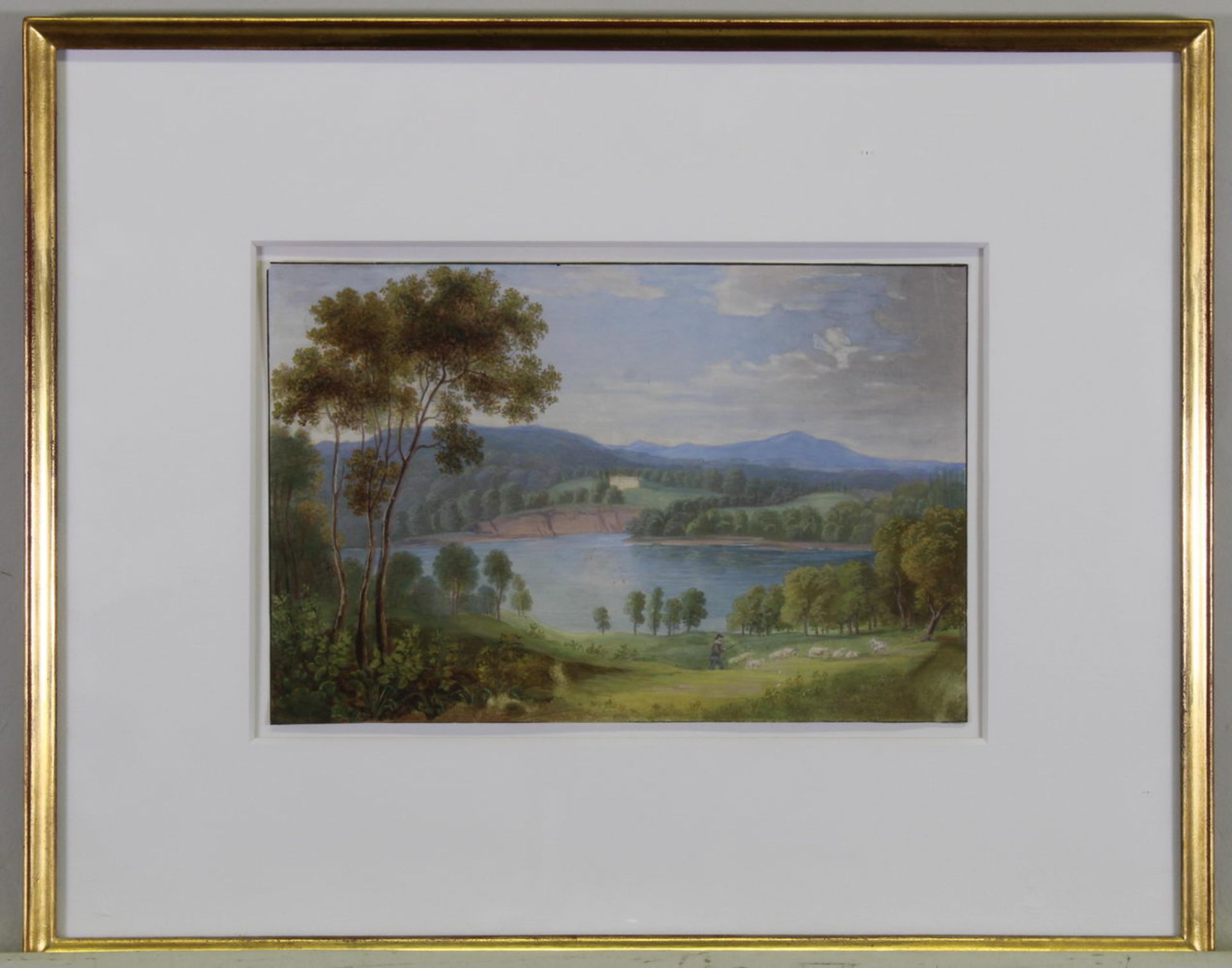 Unbekannter Maler (19. Jh.), "Schafhirte in Landschaft", Gouache, 15 x 23 cm, leichte Bereibungen, - Image 2 of 2