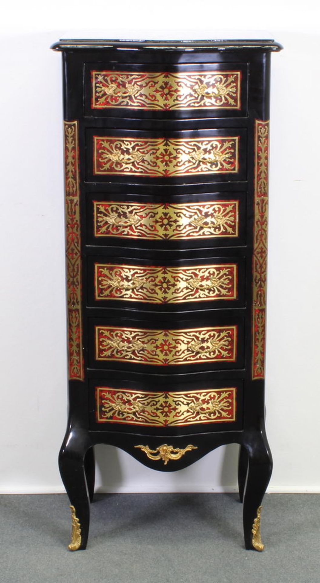 Chiffonière, französischer Boulle-Stil, neuzeitlich, Bronzeappliken, sechs Schübe, 110 x 48 x 35