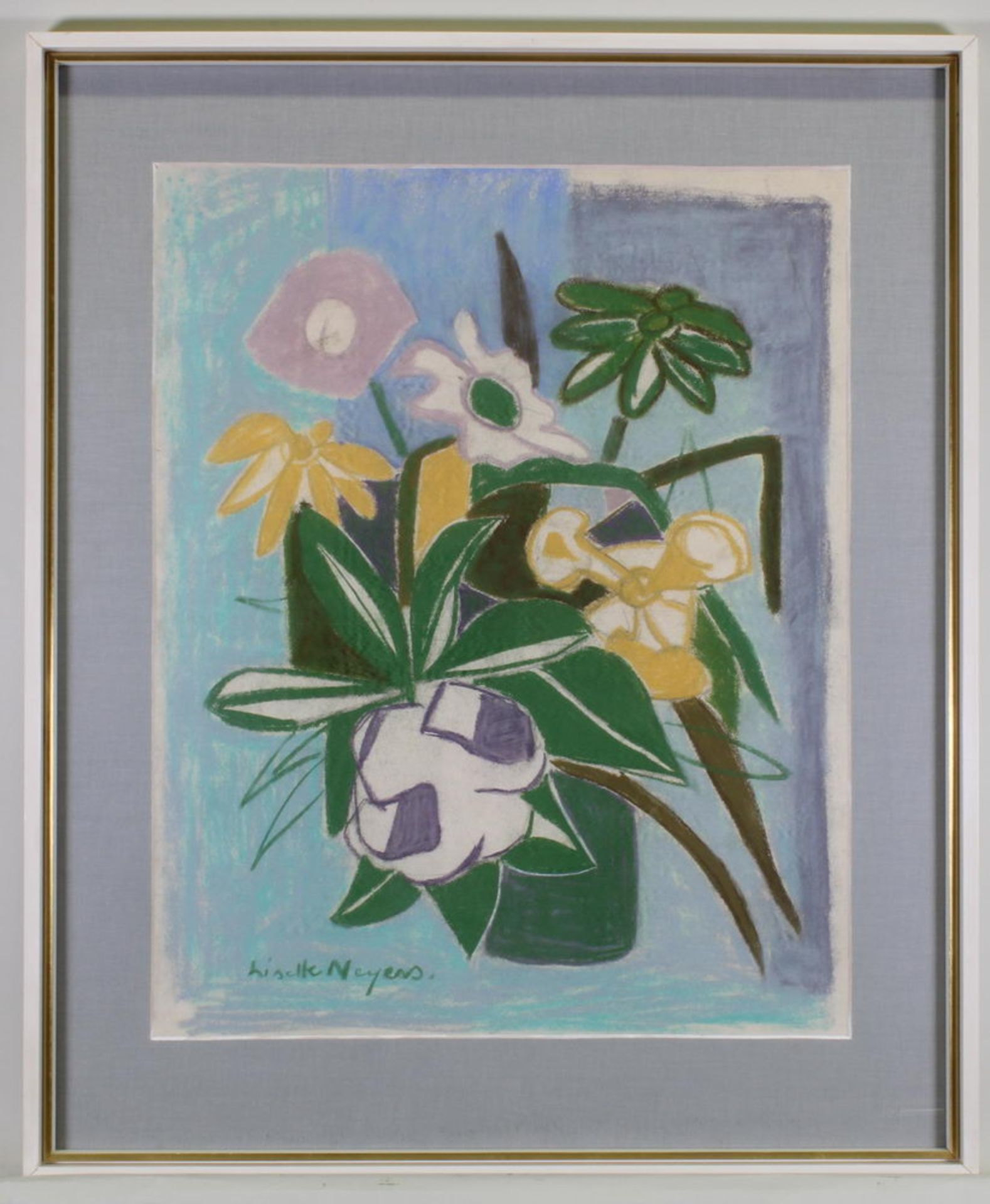 Neyers, Lisette (1919 Düsseldorf - 1970), "Bunte Sommerblumen in Vase", Pastell auf Papier, signie - Image 2 of 3