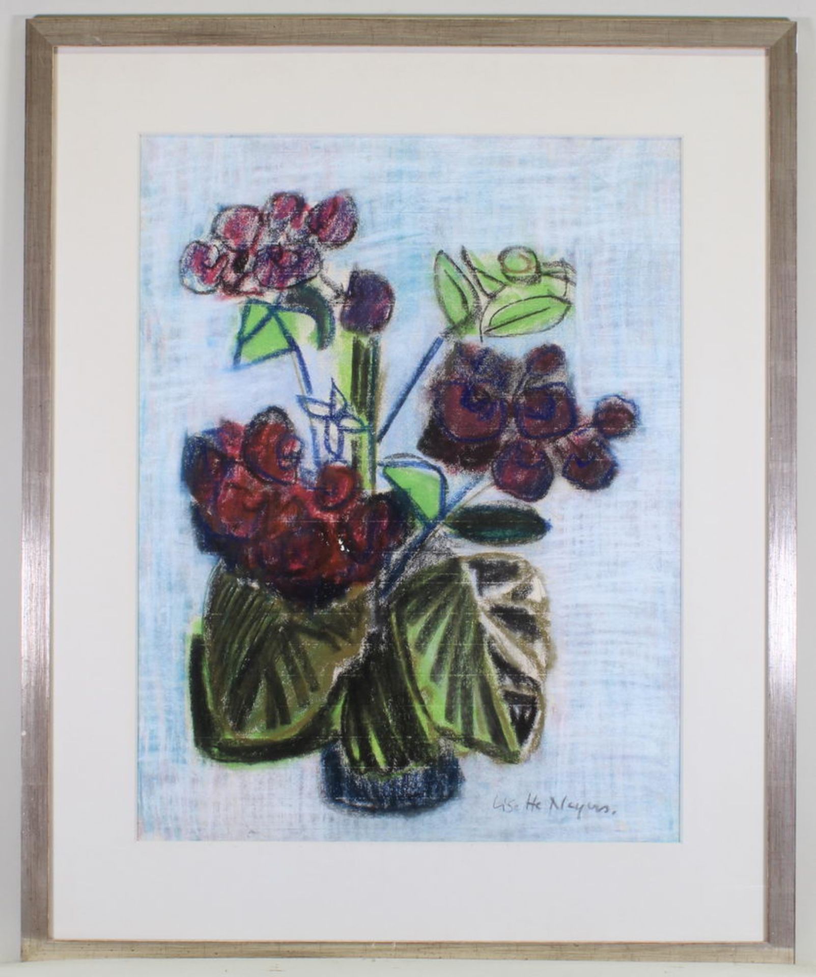 Neyers, Lisette (1919 Düsseldorf - 1970), "Blumen in Vase", Pastell auf Papier, signiert rechts un - Image 2 of 3