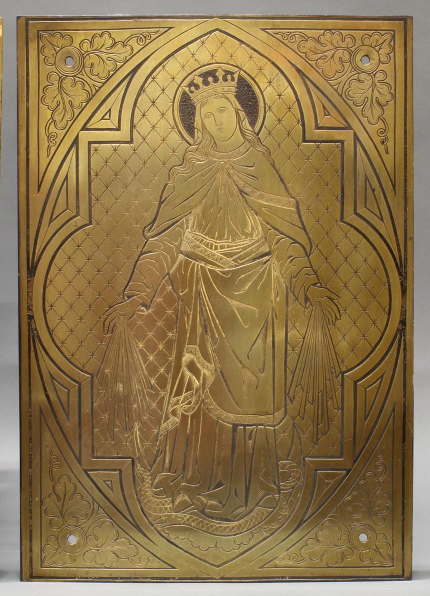 2 Reliefplatten, Metall, "Heiligendarstellungen", um 1900, jeweils 53 x 37 cm, kleine Beschädigung - Image 2 of 3