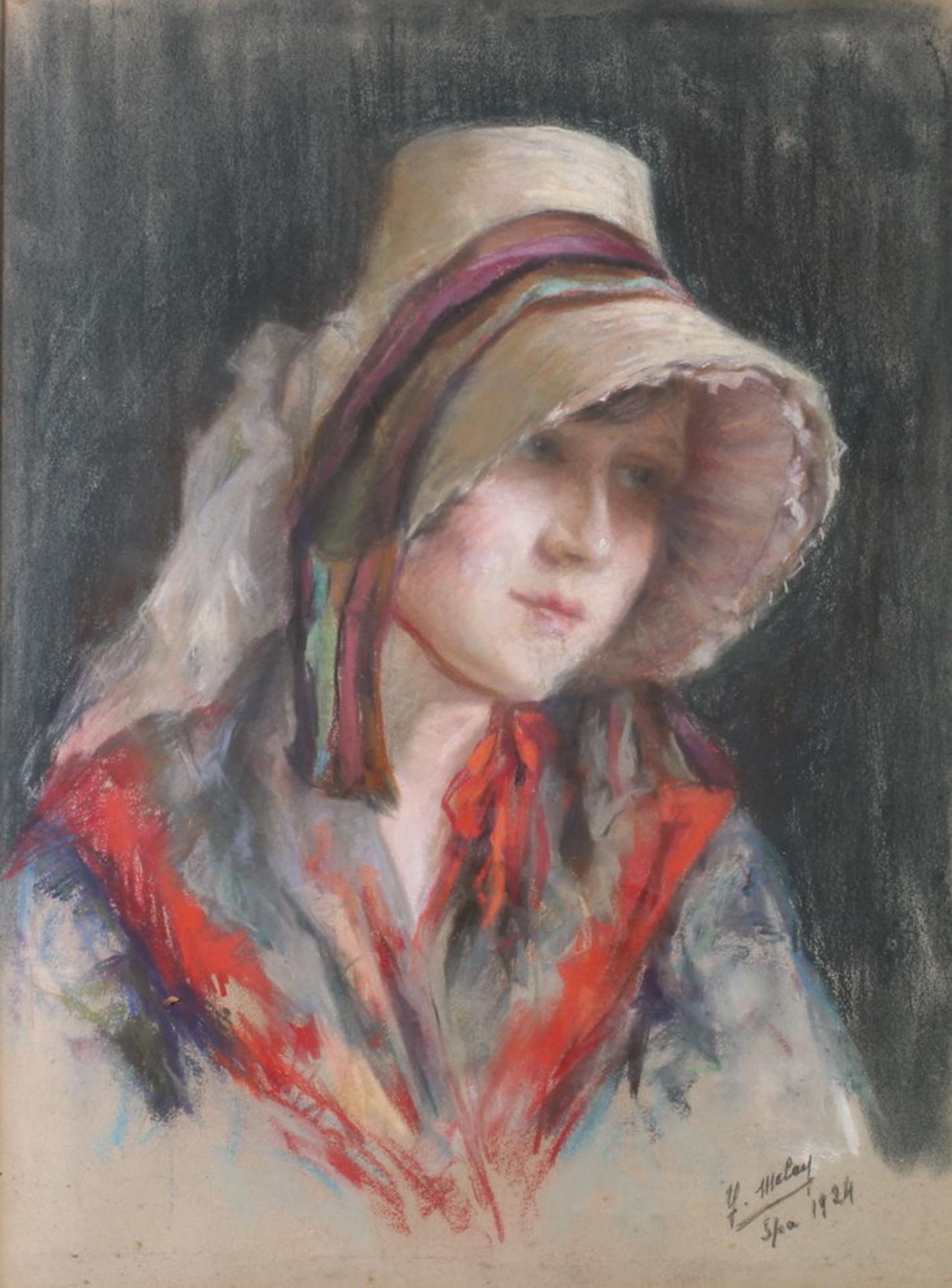 Malay, G. (20. Jh.), "Junge Frau mit Sonnenhut", Pastell auf Papier, signiert, datiert und bezeichn