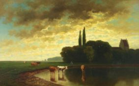 Neppel, Heinrich (1874 München - 1936), "Sommerlandschaft mit Kühen im Wasser", Öl auf Leinwand,