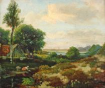Landschaftsmaler (19. Jh.), "Idyllische Sommerlandschaft", Öl auf Karton, auf Holz, 10.5 x 12 cm