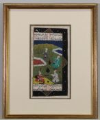 5 Buchseiten-Miniaturen, Persien, 19. Jh., Tusche, Gouache, Goldbronze, auf Papier, figurale Garten