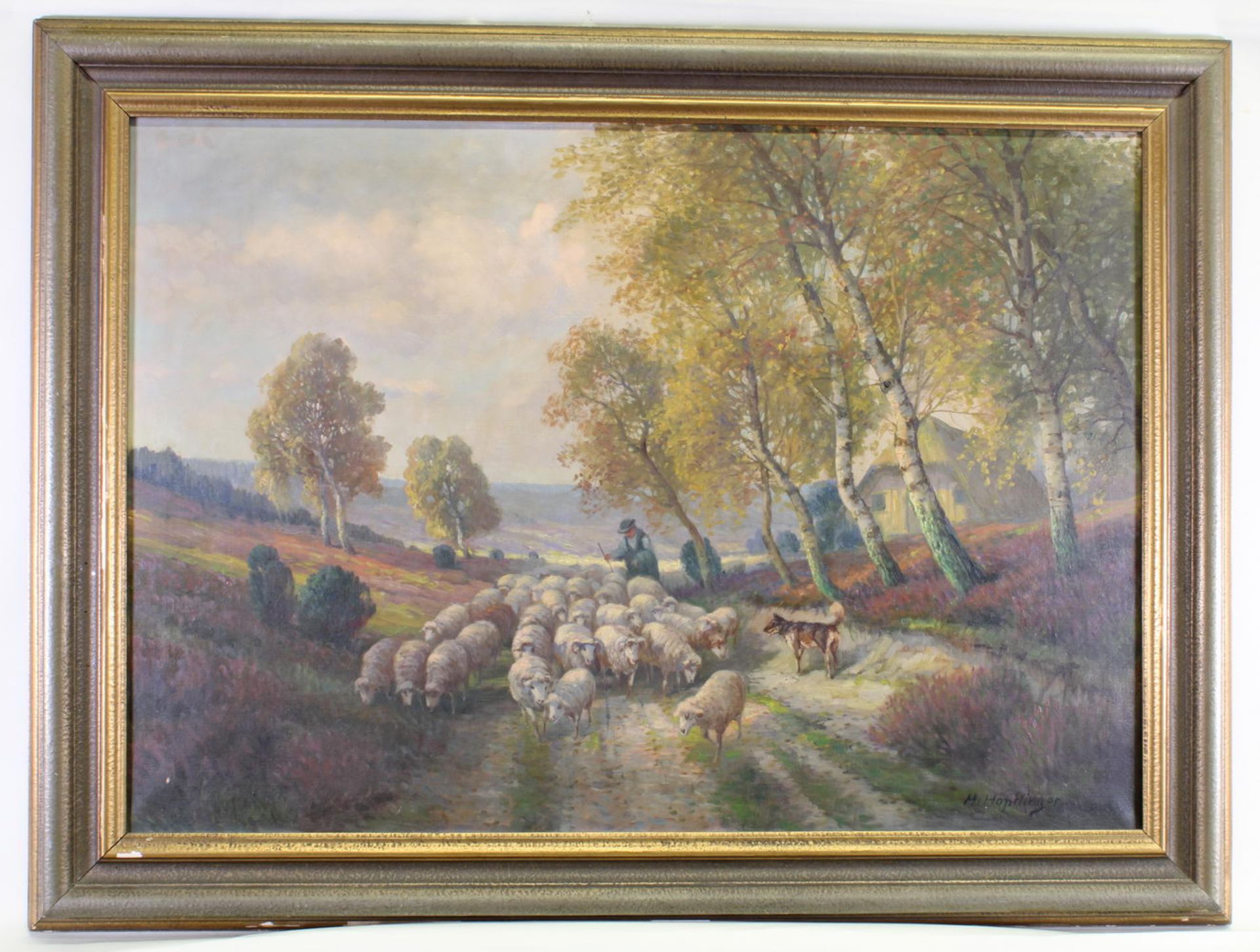 Höpflinger, Max (20. Jh.), "Schäfer und Schafe", Öl auf Leinwand, signiert unten rechts M. Höpf - Bild 2 aus 4