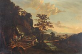 Niederländischer Landschaftsmaler (17. Jh.), "Südliche Landschaft mit Reisenden", Öl auf Leinwan