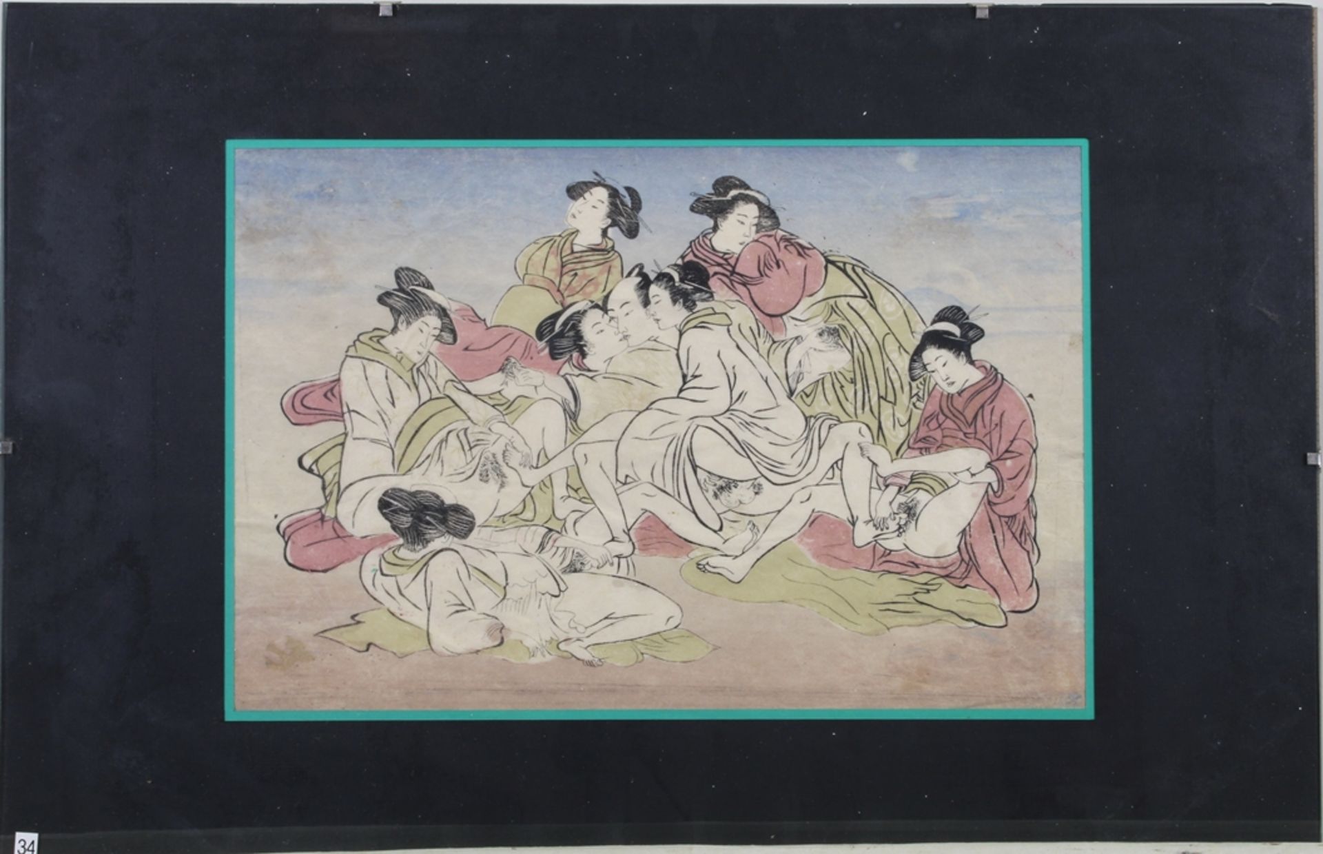 3 Holzschnitte, "Shunga", Japan, Anfang 20. Jh., farbig, ca. 19.5 x 29 cm (P.a.), verblichen, klein - Bild 3 aus 6