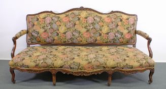 Sofa, Louis Quinze-Stil, 19. Jh., Dreisitzer, geschwungene Füße, floraler Polsterbezug, sechs klein